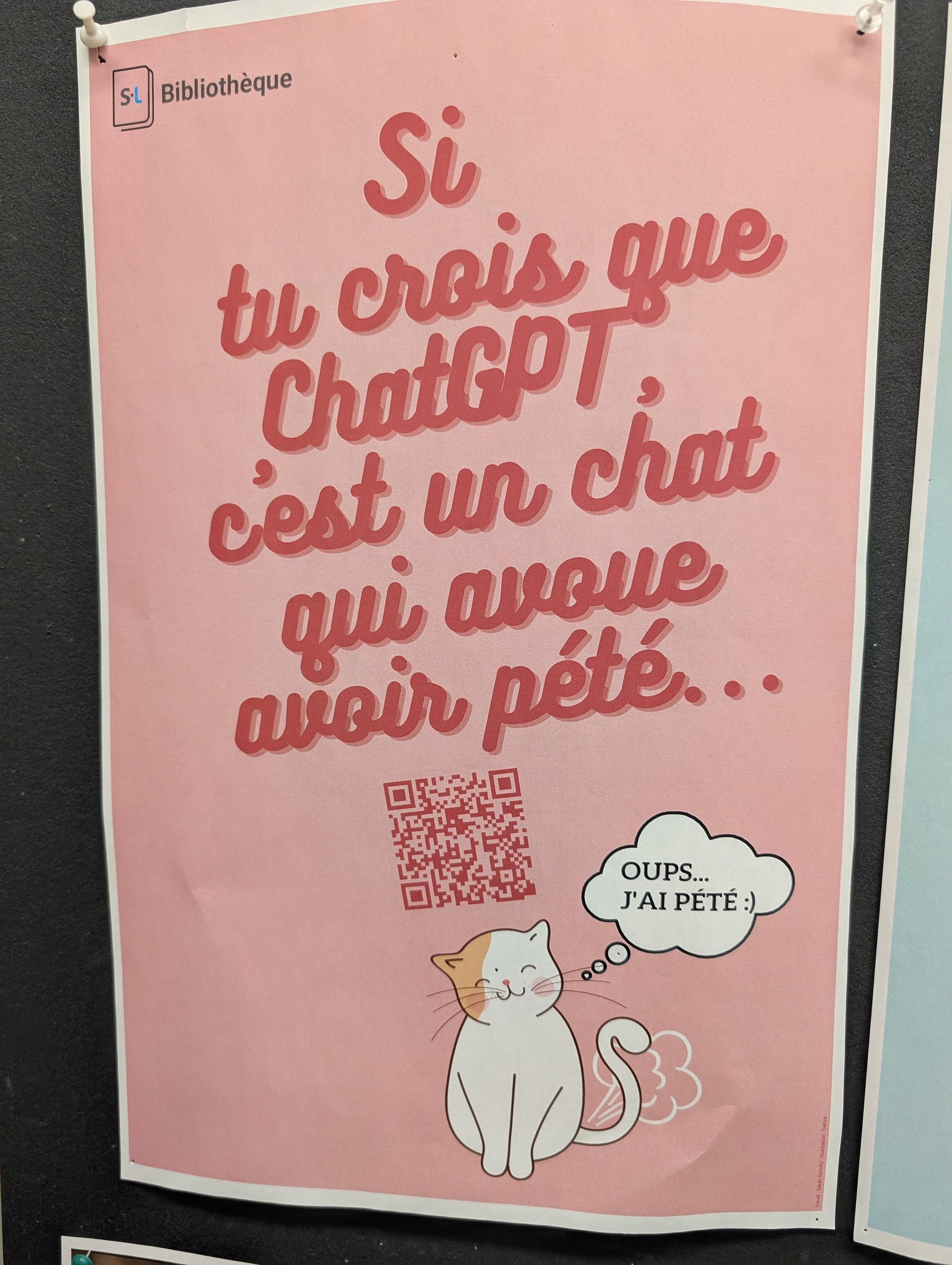 "Si tu crois que ChatGPT, c'est un chat qui avoue avoir pété..."
Underneath, a sweet cat with the thought balloon, "Oups... J'ai pété :)"
