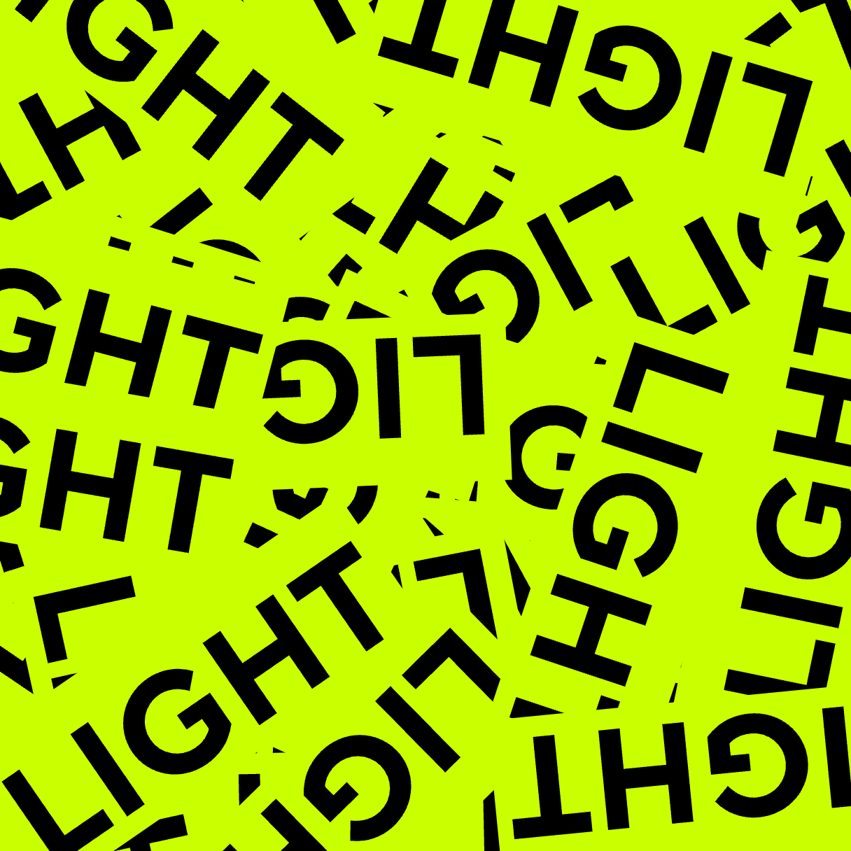 Random overlapping colored tiles of word all rrading LIGHT, but so much overlap you can hardly see the single word.