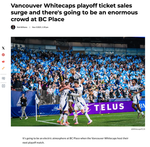 Daily Hive: "Vancouver Whitecaps playoff ticket sales surge and there’s going to be an enormous crowd at BC Place."

With a generic picture of celebrating fütbol players with fans waving blue & white flags.