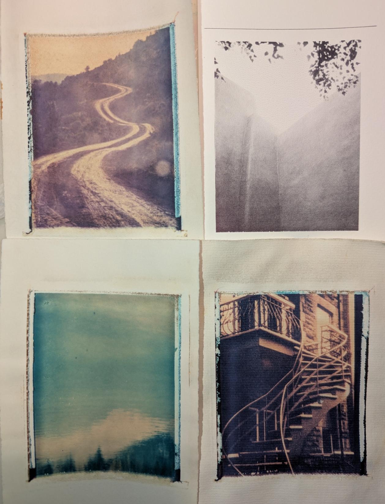 4 of my polaroid transfer prints on cotton rag watercolour paper. Early 1990s.
Clockwise from top left:
▪ Road to Christ in the Desert monastery, along the Rio Chama, Abiquiu, NM.
▪ Adobe courtyard and sky, Taos, NM.
▪ Turquoise sky, white clouds, mountain and trees, reflected in rippling water, NM.
▪ Looking up: classic twisted staircase to 2nd floor front balcony, on a century-old stone-fronted duplex, Montreal.
I suspect the sepia-toned are shot on black-and-white film and printed with a filter on colour polaroid film. Filters are included in my box of tools.